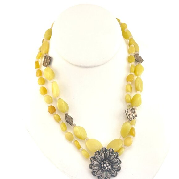Serpentine Stone 2 Strand Necklace with Flower Blossom Center 16" Choker - Picture 3 of 5